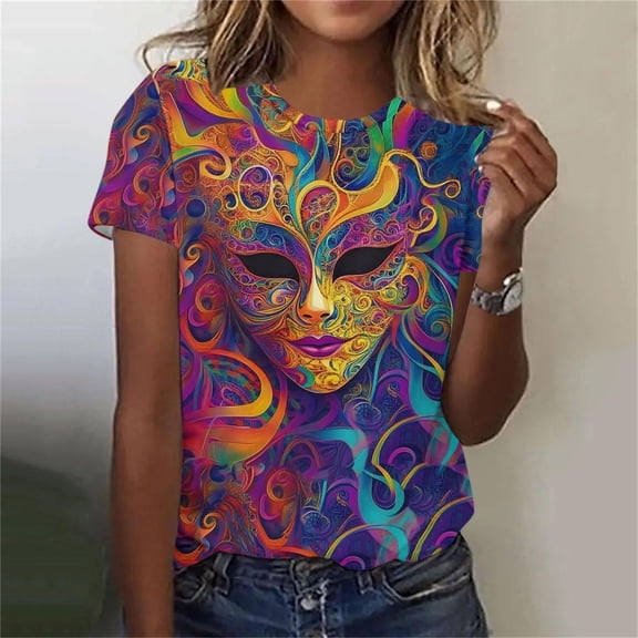 Mardi Gras Tops for Women Carnival Printed Short Sleeve Round Neck Top Multicolor L