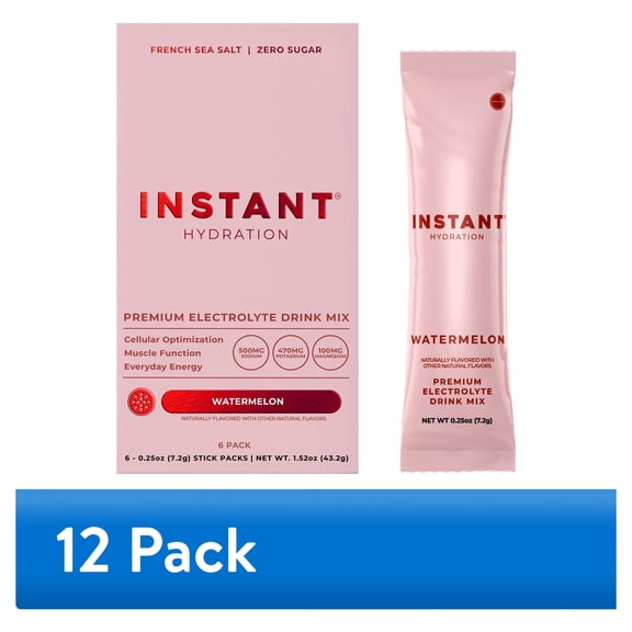 (12 pack) Instant Hydration Sugar Free Electrolyte Powder, Watermelon, 6 Sticks