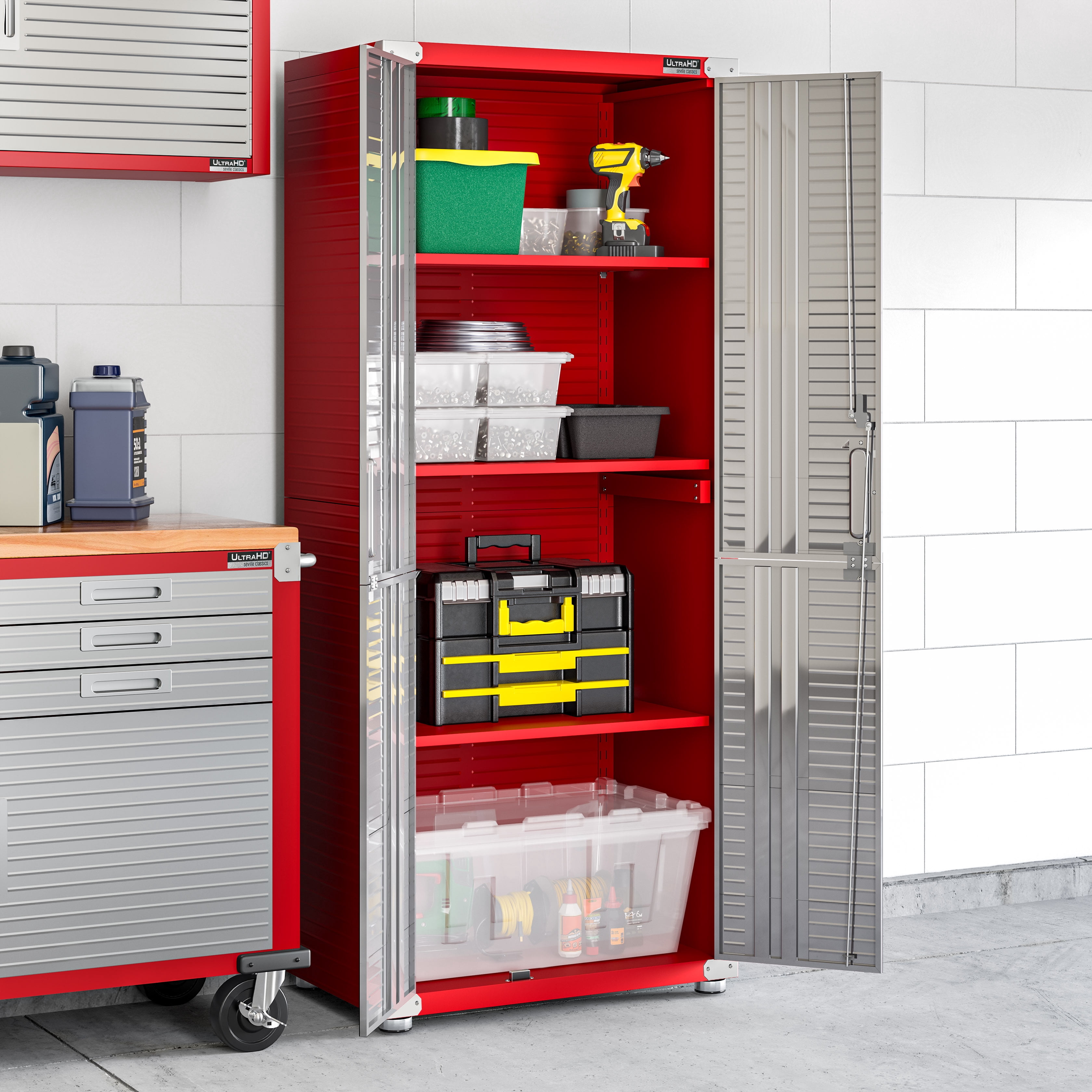 Seville Classics UltraHD® Steel Body Lockable Storage Cabinet Organizer Locker Shelving Unit, Red, 30" W x 18" D x 72" H