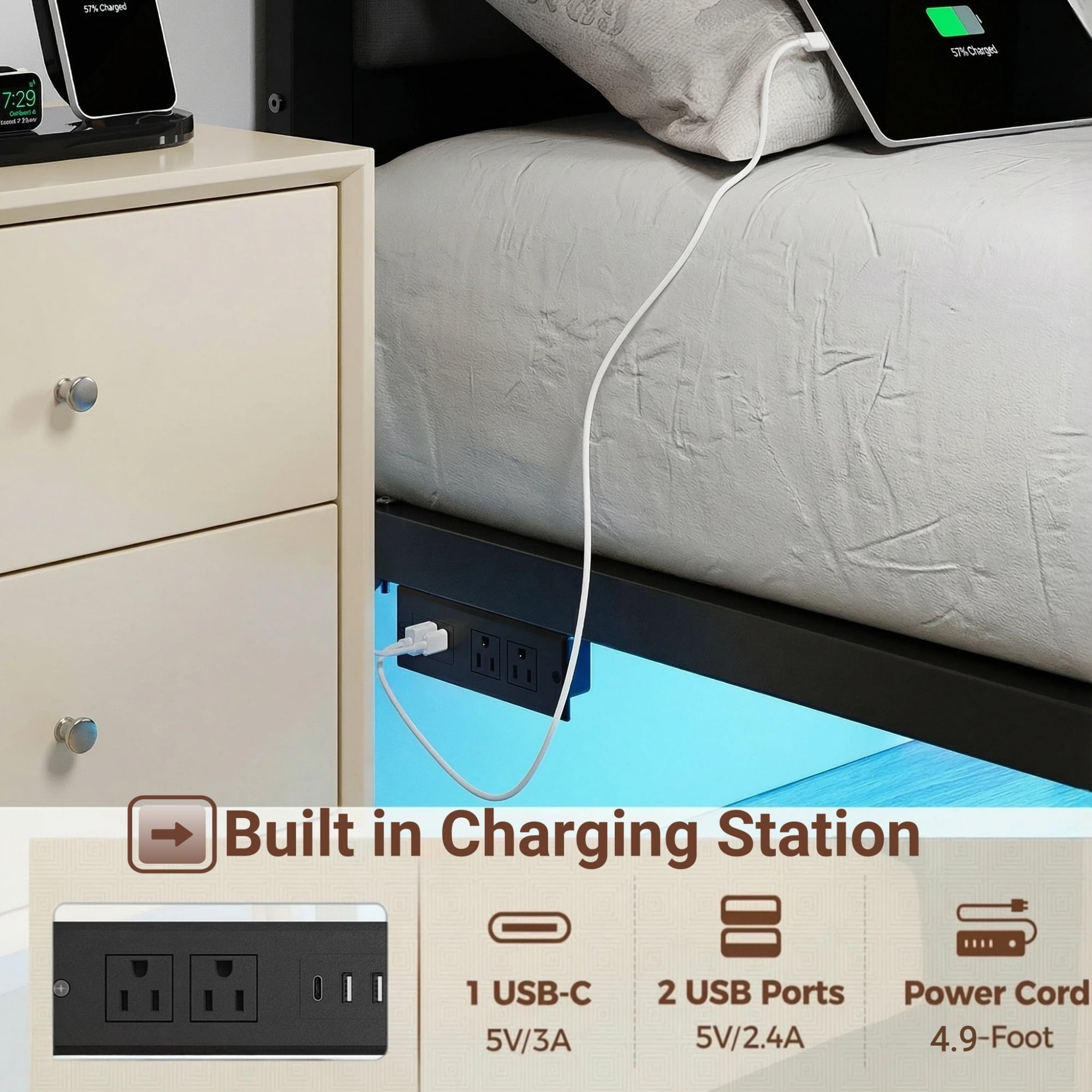 OLEVS Queen Size Bed Frame with Upholstered Headboard, LED Light and USB Socket, No Box Spring Needed