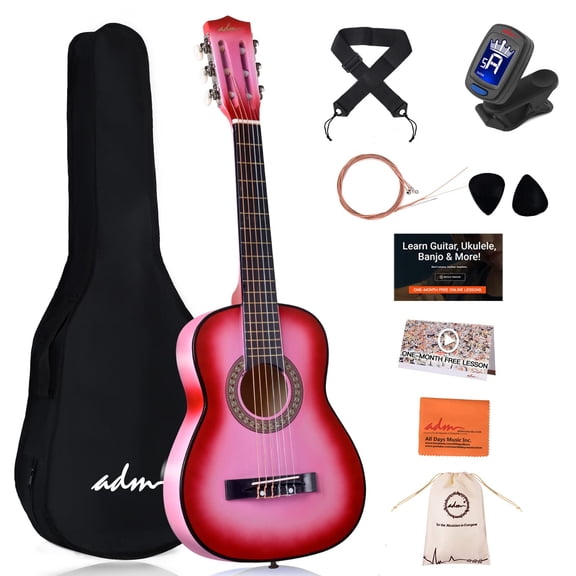 ADM Guitarra clásica acústica para principiantes, cuerdas de nailon de 30 pulgadas, kit de guitarra de madera para niños, niñas, estudiantes, jóvenes, lecciones en línea con bolsa, correa, afinador, c