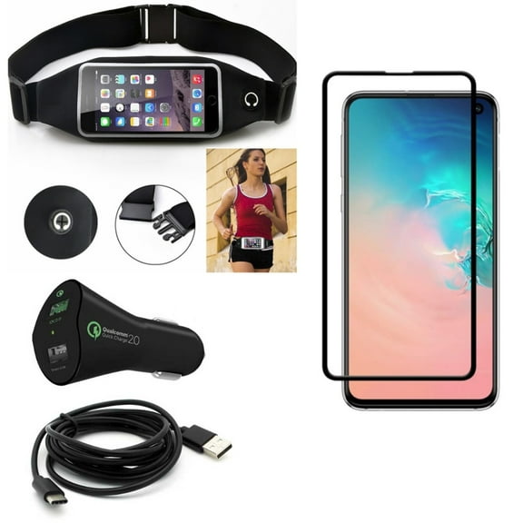 Galaxy S10e Car Charger w Running Waist Bag w Screen Protector - 30W Fast 2-Port USB 6ft Cable, Belt Band Sports Gym Workout, Tempered Glass 5D Curved Edge for Samsung Galaxy S10e Phone