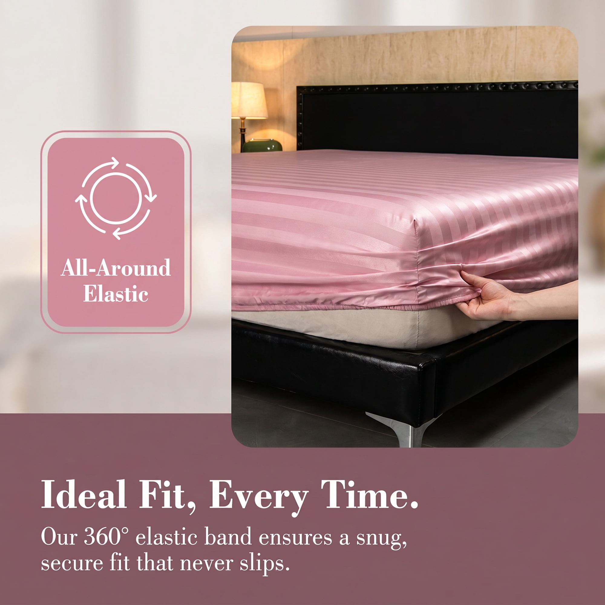 Unique Bargains Fitted Polyester Satin Strip Bed Sheets Wear Resistant 53.9"x74.8" Pink