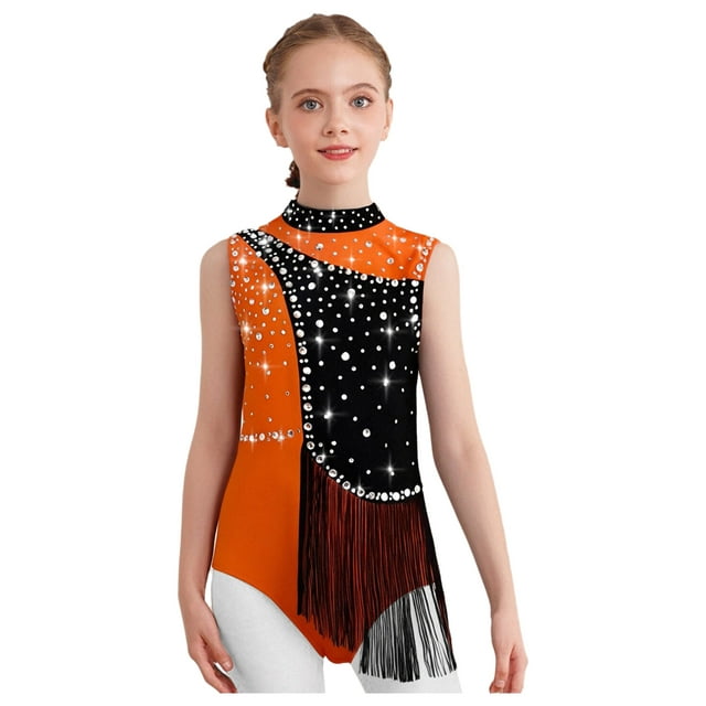 Lejafay Kids Girls Skating Jumpsuit Shiny Rhinestone Ballet Rhythmic Gymnastics Leotards Fringe Bodysuit Orange 6