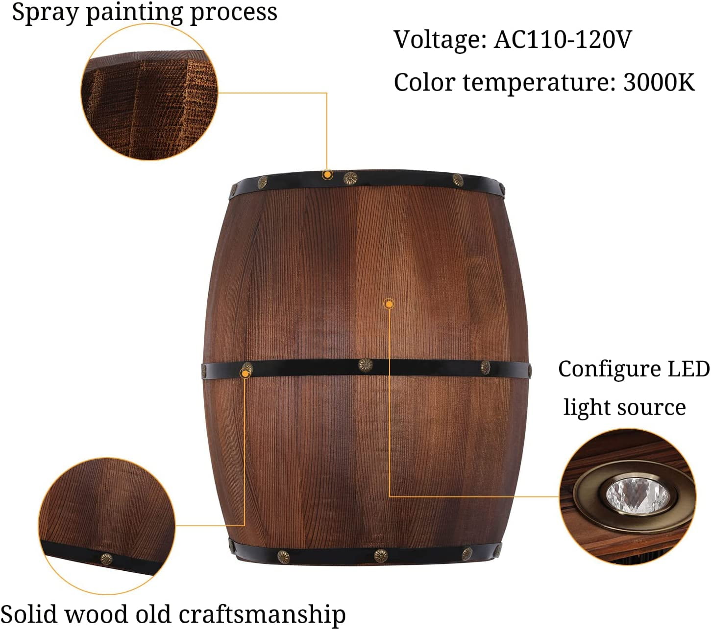 Miumaeov Wood Wine Barrel Wall Sconce Lighting Fixture, Up and Down LED Wall Lighting Fixture, Wall Lamp for Bar, Cafe, Kitchen, Bedroom, Hallway