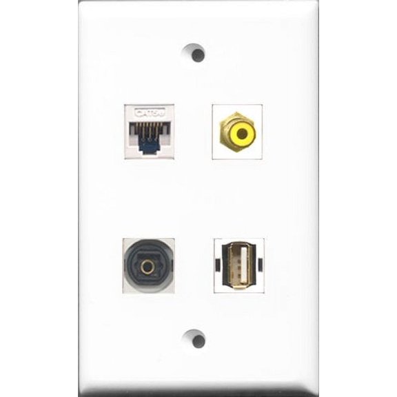 RiteAV 1 Port RCA Yellow and 1 Port USB A-A and 1 Port Toslink and 1 Port Cat5e Ethernet White Wall Plate