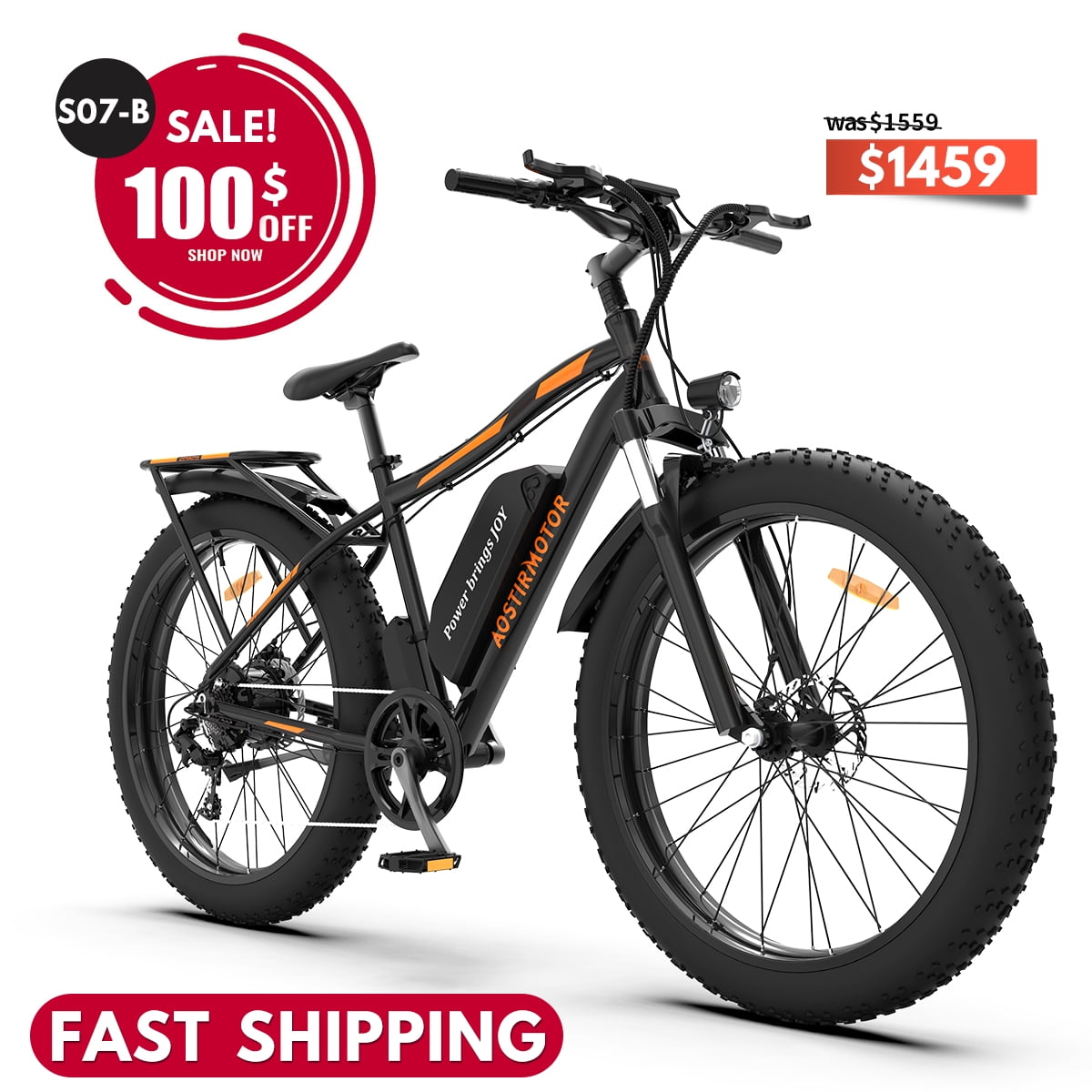 AOSTIRMOTOR Electric Bike,Ebike with 750W Motor 48V 13AH Removable Lithium Battery with Rack and Fender,26x4.0 Inch Fat Tire Ebikes for Adults