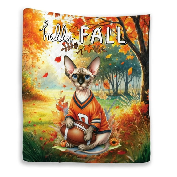 Hello Fall Sphynx Football Welcome Autumn with Leaves Pumpkins Quilt Blanket Cat Lover Kitten Owner Gifts Idea Cozy Comforter Throw Blanket - 00012