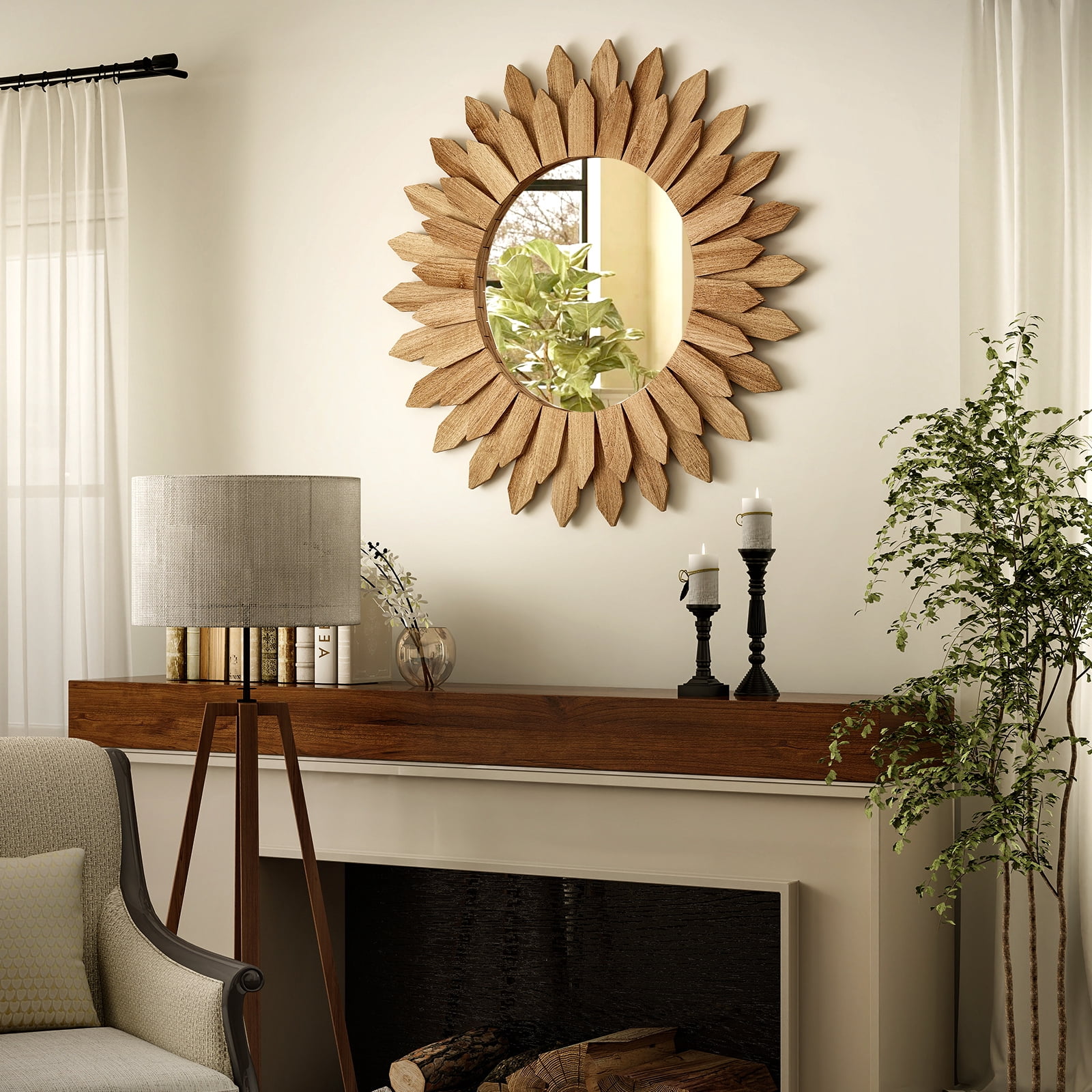 Easy4Home 20" Rustic Wood Mirror Wall Decoration Hanging Round Mirror,Light Brown