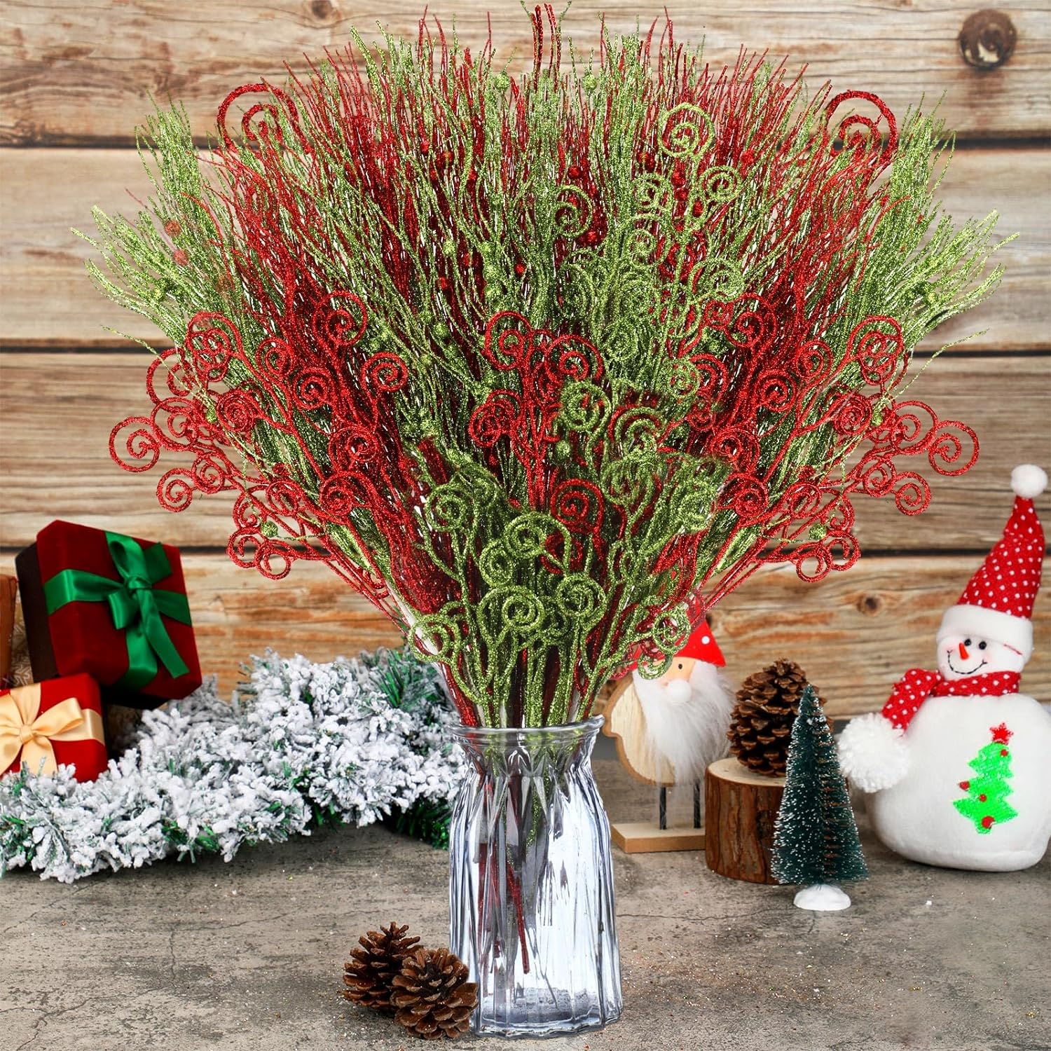 24 Pcs Christmas Red Green Artificial Glitter Curly Berry Stems Ornaments, Fake Christmas Candy Picks, Decorative Glitter Sticks Branches, for Xmas Tree Wreath Crafts Vase Filler Home