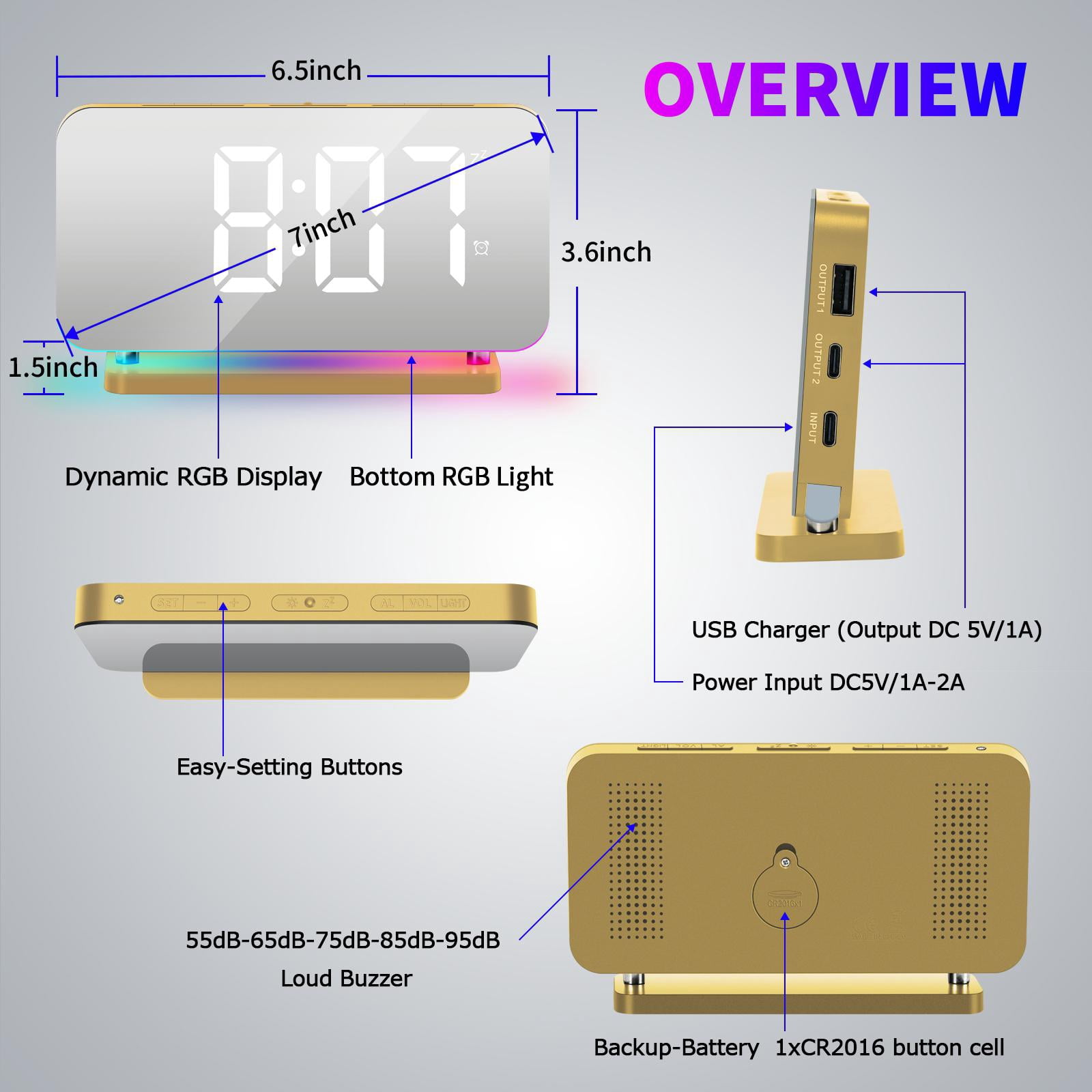 deevoka LED Digital Alarm Clock Bedroom Electronic Desk Clock RGB Color Modes Mirror Display for Home Living Room Tabletop Decoration Gold