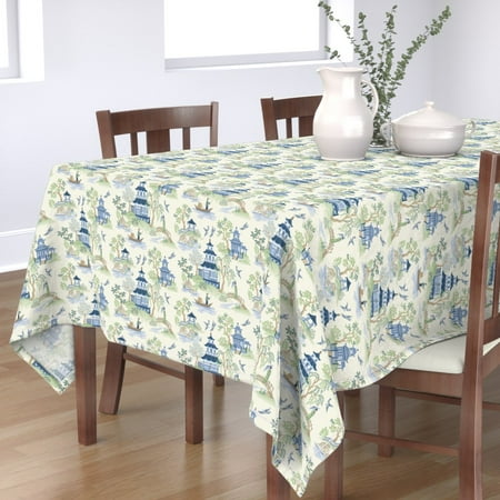 

Cotton Sateen Tablecloth 70 Square - Chinoiserie Pagoda Blue Green Asian Art Tree Landscape Tea House Kimono Fisherman Chintz Print Custom Table Linens by Spoonflower