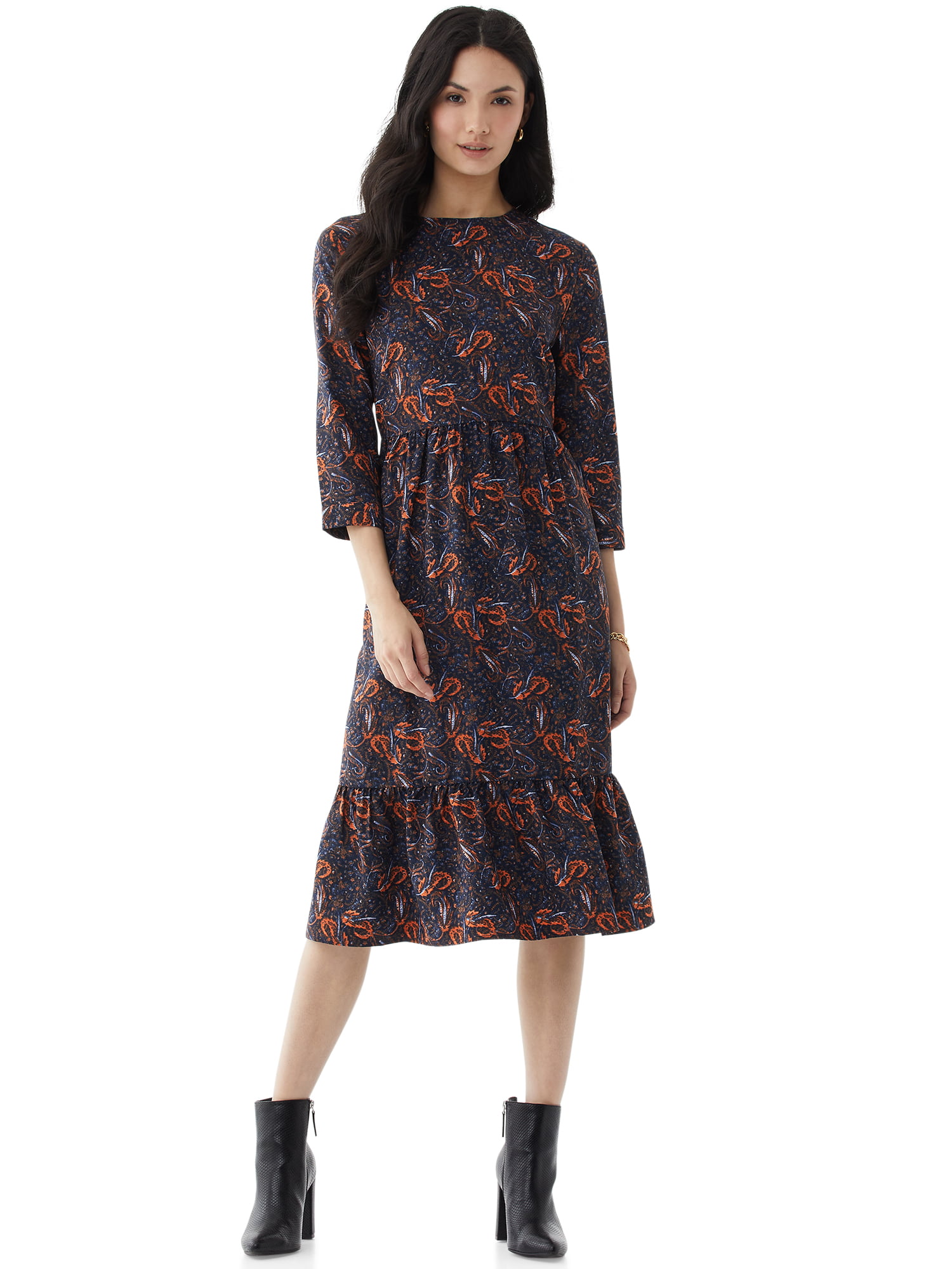 Scoop - Scoop Women’s Tiered Midi Dress, Navy Boho Paisley - Walmart ...