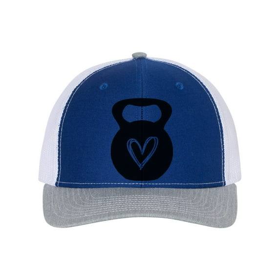 Dumbbell Heart, Crossfit Hat, Workout Hat, Trucker Hat, Baseball Cap, Crossfit Apparel, Adjustable, Royal/White/Heather