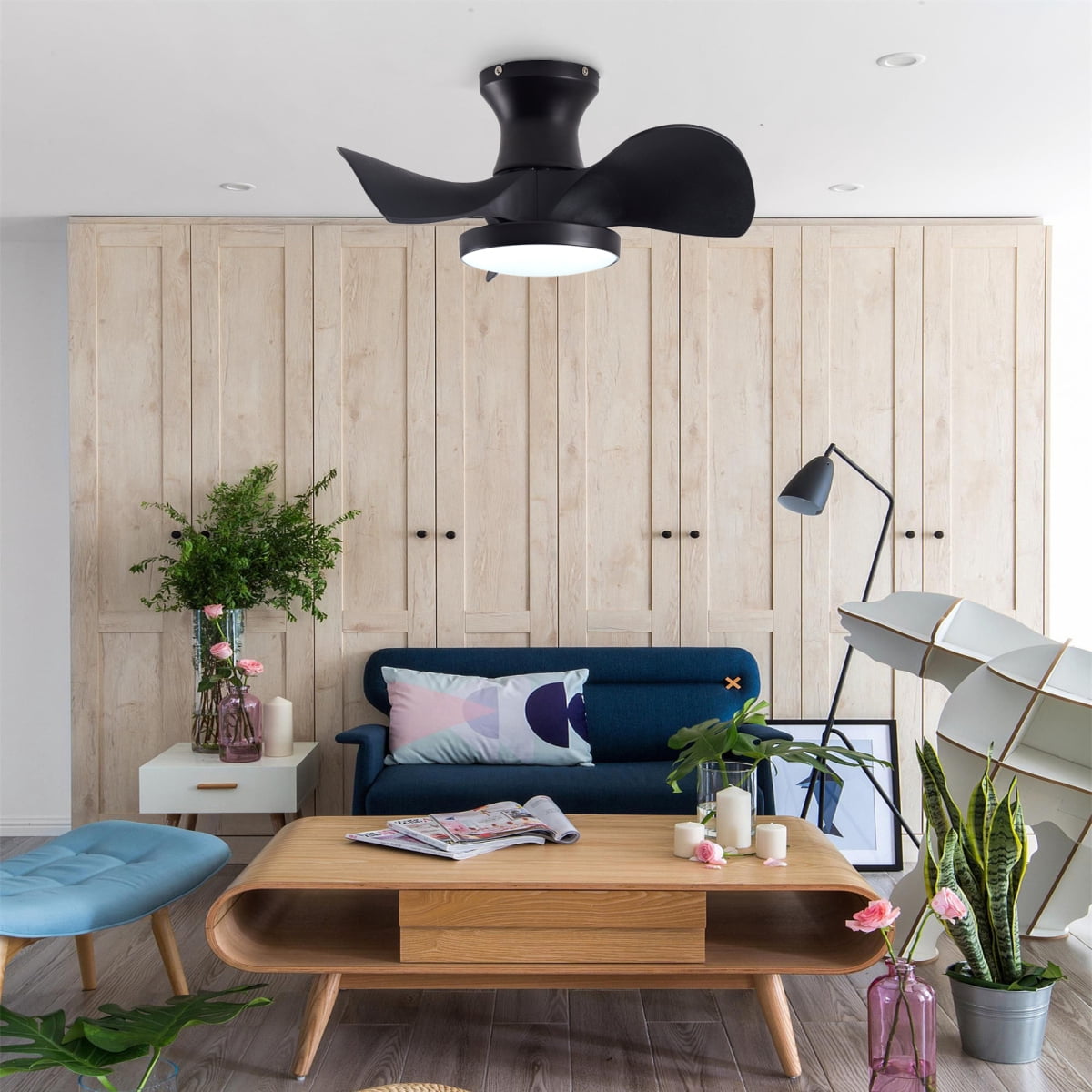 ABS Ceiling Fan with 3 Color Temperatures Light and Remote Control DC Motor Powerful Low Noise Small Space Ceiling Fan for Kitchen Bedroom Dining Room Toilet Patio Matte Black
