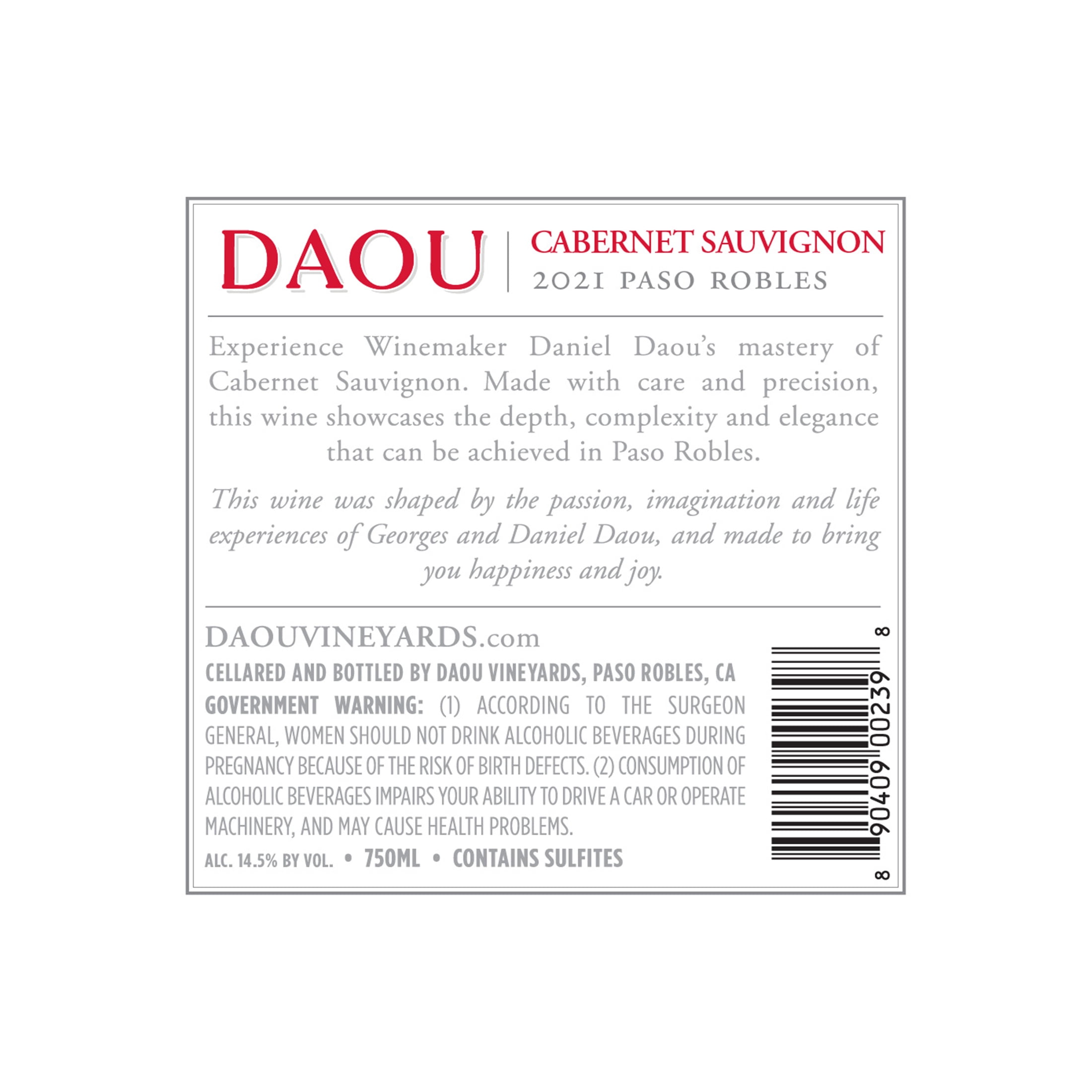 Daou Vineyards Cabernet Sauvignon California Red Wine, 750 ml Bottle, 15% ABV