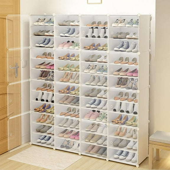 48 Cubes 96 Pairs Modular Plastic Shoe Storage Cabinet Boxes, 12 Tiers Shoe Rack Shelf Tower Stand Shoe Storage Organizer for Hallway Bedroom Closet Entryway White
