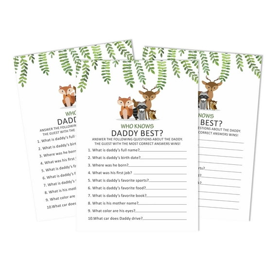 Inkdotpot Gender Neutral Who Knows Daddy BestBaby Shower GameCards-FunActivity Cards Set Of 50Greenery & Animals Party Theme
