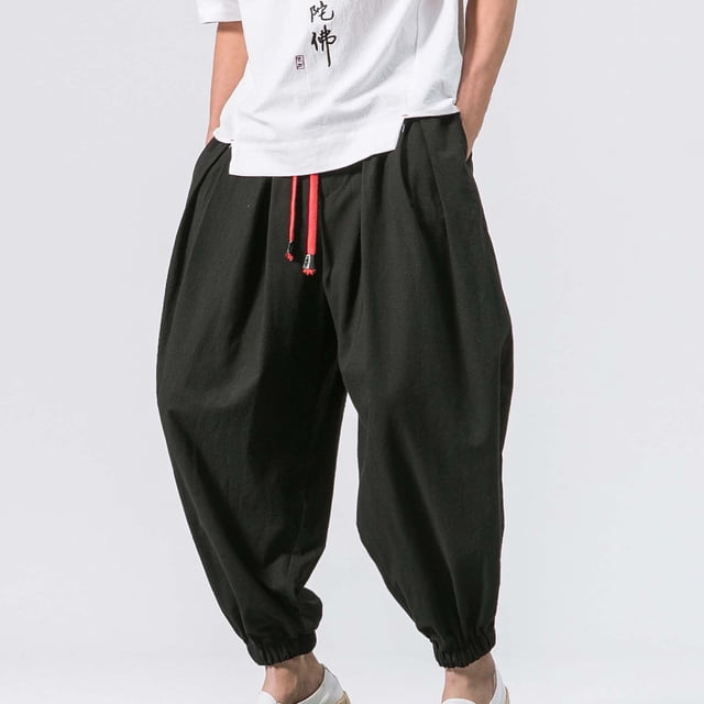 Pantalones largos de lino para hombre, pantalones anchos de pierna ancha, pantalones de rábano, pantalones de noveno pies atados, pantalones largos, pantalones de licra para hombre