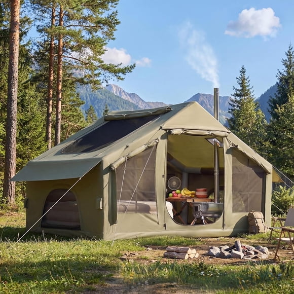 MELLCOM 10x7FT Inflatable Camping Tents, 4-8 Person Spacious Air Glamping Tents with Skyscreen, Door Curtain Stove Jack, Mosquito Screen, 300D Oxford Waterproof Blow Up Tent for Camping & Hiking