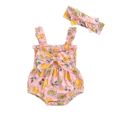 

Musuos Lovely Baby Girl Romper Set Sleeveless Square Neck Lemon Pineapple Bow Knot Bodysuit Romper with Headband