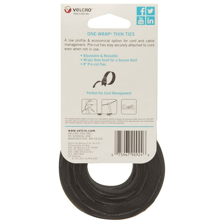 VELCRO Brand ONE-WRAP Cable Ties , Black Cord Organization Straps , Thin  Pre-Cut Design , Wire Management for Organizing Home, Office and Data
