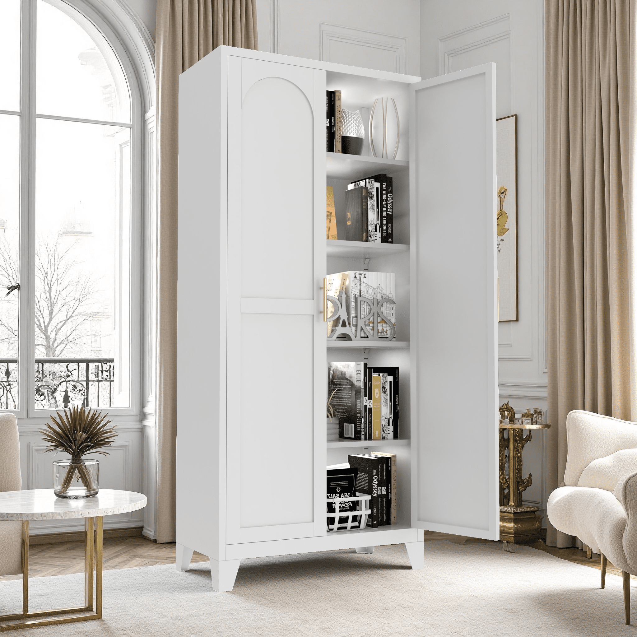 Miniyam 71"H Metal Storage Cabinet with 2 Shaped Doors & Adjustable Shelves – White, for Bedroom/Living Room/Kitchen