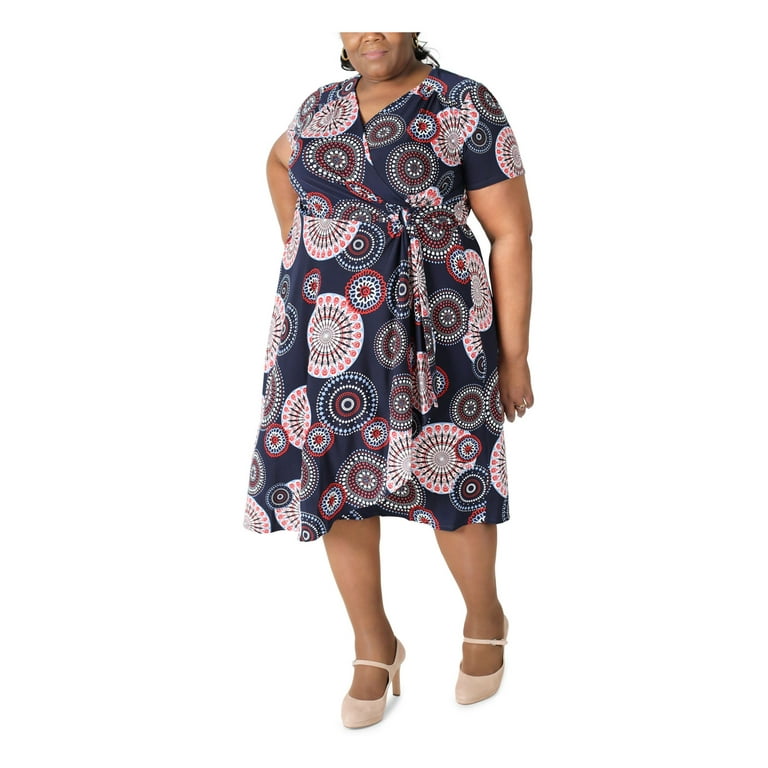 SIGNATURE BY ROBBIE BEE Womens Blue Stretch Ruched D ring At Side Waist Printed Short Sleeve Surplice Neckline Midi Wear To Work Faux Wrap Dress Plus