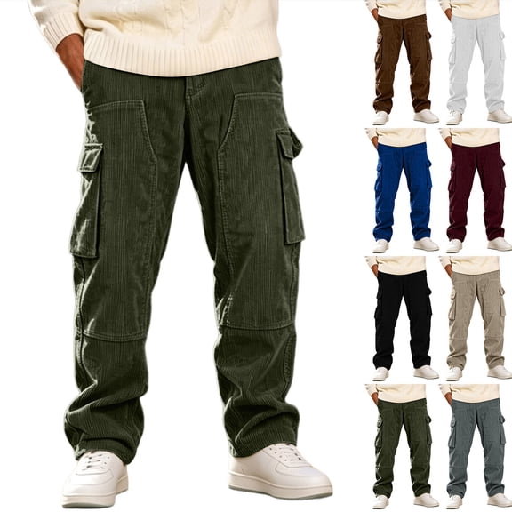 Men Corduroy Work Pants Sevevn Large Side Patch Utility Pockets Mid Rise Relaxed Straight Fit Solid Color Trousers For Casual Street Daily And Weekend Outfits
