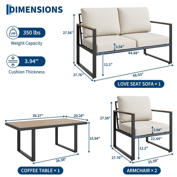 4-Piece Outdoor Patio Furniture Set Conversation Sofa Set with Metal Frame and All-Weather PE Rope Off cushion beige