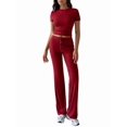 thumbnail image 3 of Women'S 2 Piece Lounge Sets Short Sleeve Tops Fold-over Flare Pants Casual Outfits Matching Set Wine Red L, 3 of 10