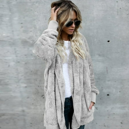 Wool Long Cardigan - Winter Warm Faux Fur Cardigan Women's Jacket coat Female Lamb Wool Coat Pink Overcoat Long Sleeve Hooded Outwear Cardigan