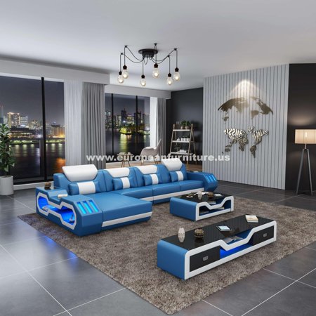 BLUE WHITE Sectional Sofa LHF Italian Leather STARFIGHTER EUROPEAN FURNITURE