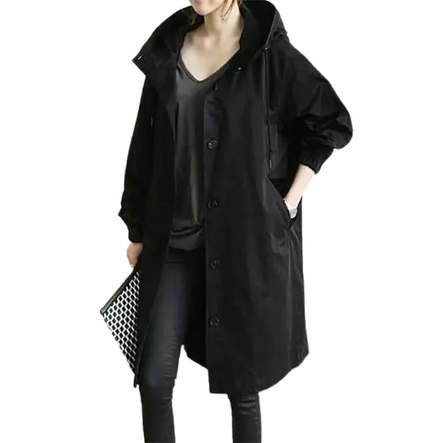 CAROOTU Women Windbreaker Jacket Casual Loose Button Pockets Hooded Windproof