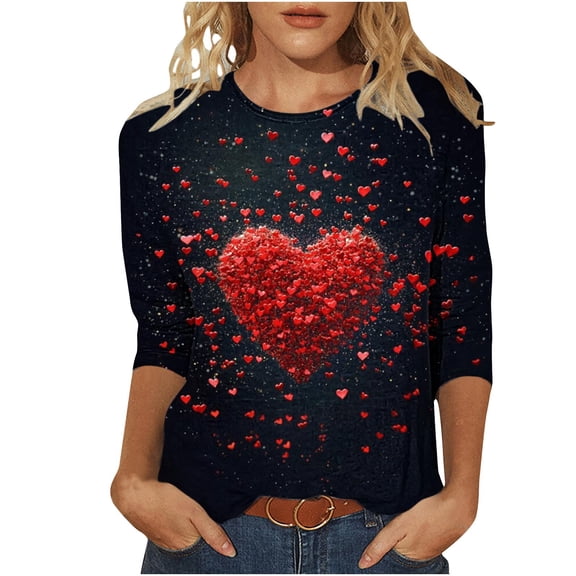 Fmbrln Womens Plus Size Valentines Day Shirts 3/4 Sleeve Crew Neck Valentines T-Shirts Tops Fashion Cute Heart Print Blouse