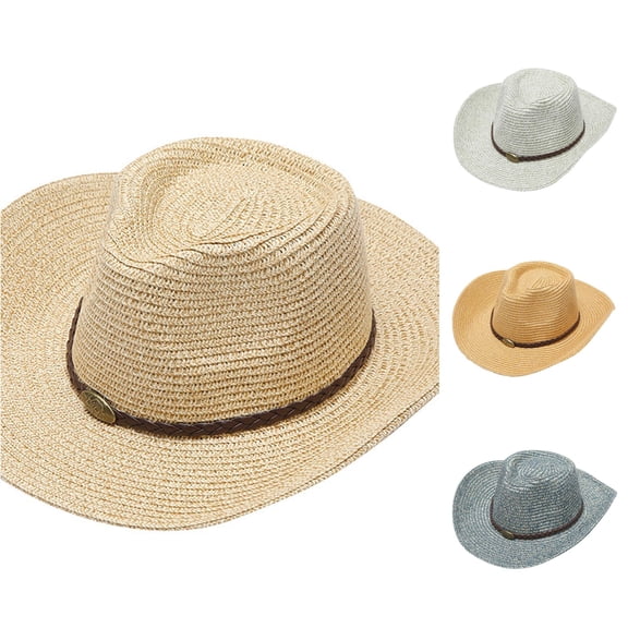 XIAOCHA Women Braided‑Badge‑Band Straw‑Weave Cowboy Hat Solid Beach‑Trip Western Hat Road‑Trip Western Cowboy Hat,Beige