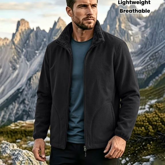 LEKWK Fleece Lined Jacket for Men Full Zip Sherpa Collar Warm Winter Coat Thermal Outerwear with Side Pockets Casual Classic Fit Top Black XXS