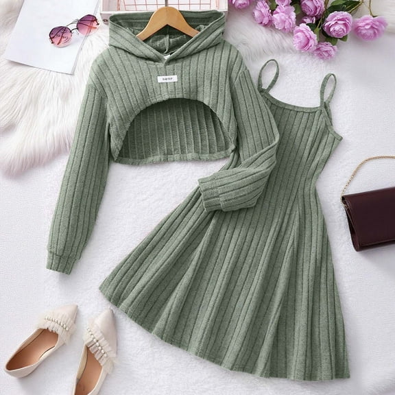 Wuxian Toddler Girls Outfit Dress Sets Ribbed Hooded Long Sleeve Top Spaghetti Strap A-Line Dress Two Piece Fall Winter Clothing For Girls,Green,9-10 Years