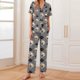 thumbnail image 1 of Pijama de manga corta con estampado fino y pantalones largos con solapa para mujer, top y pantalones de poliéster., 1 of 5