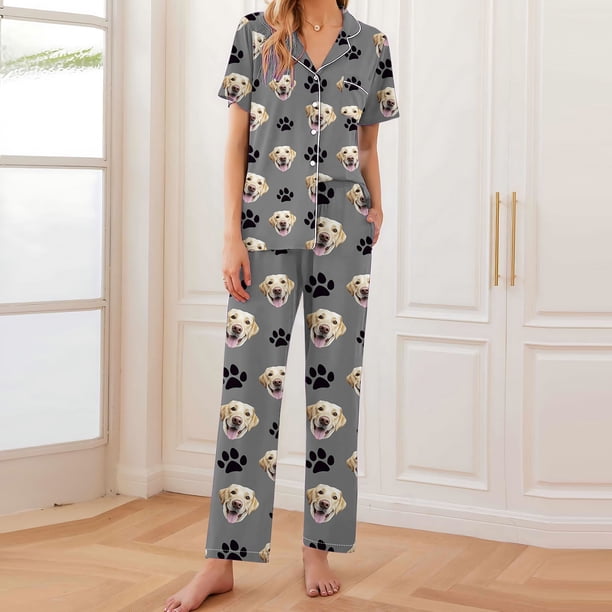 Pijama de manga corta con estampado fino y pantalones largos con solapa para mujer, top y pantalones de poliéster.