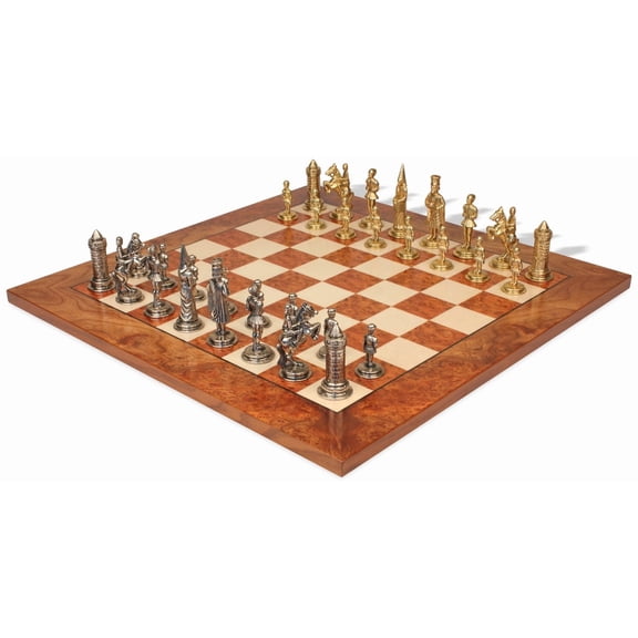 Camelot Theme Metal Chess Set with Elm Burl Chess Board