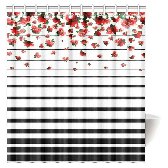 MYPOP Striped Decor Shower Curtain, Red Flowers with Stripes Fabric Bathroom Shower Curtain Set with Hooks, 66 X 72 Inches
