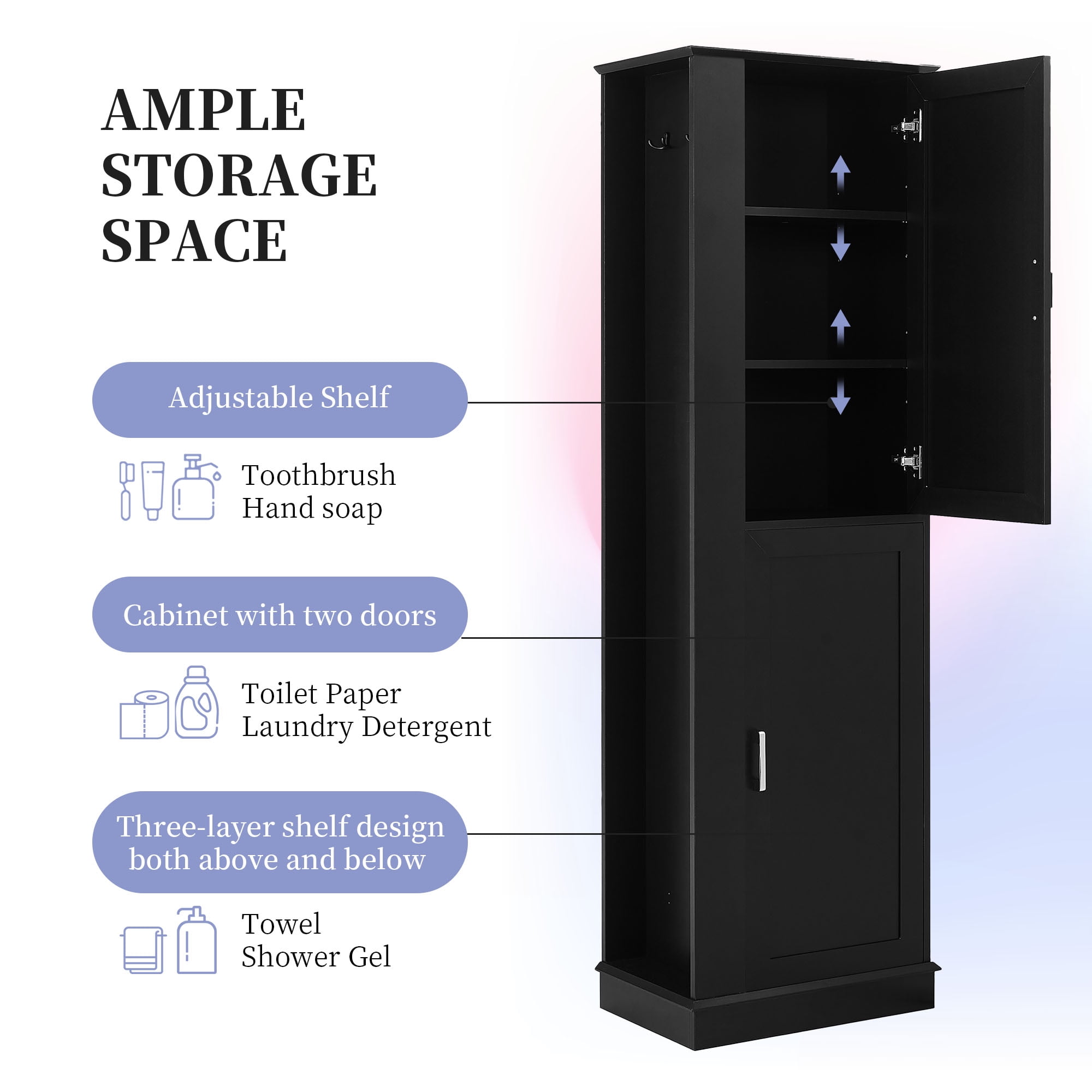 Harper & Bright Designs Tall Bathroom Storage Cabinet Doors and Hook, Modern Freestanding Cabinet with Adjustable Shelves for Bathroom, Black