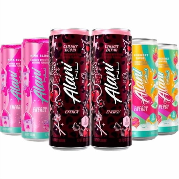 New Alani Energy Drinks Cherry Bomb, Sherbet Swirl, Pink Slush Variety Pack Sugar-Free, Low-Calorie, 200mg Caffeine, Energy Boost Drink 12 fl oz (Pack of 6) Repackaged By * PickAndGo*