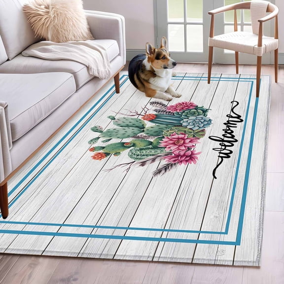 Area Rugs 2.7'x5', Summer Tropical Plants Carpet for Living Room Bedroom Dining Room, Farmhouse Cactus Wooden Grain Throw Kitchen Rugs Non Slip Washable Rectangle Indoor Outdoor Rugs