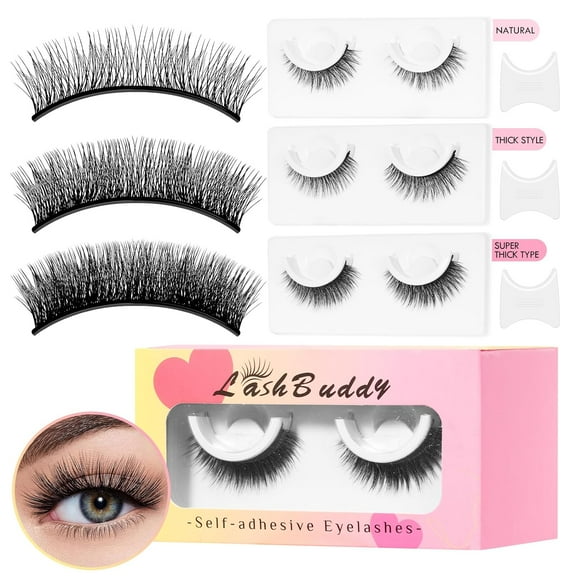 Lash Buddy Self-adhesive Eyelashes,3 Pairs Self-Sticking False Eyelashes Natural Look, No Glue, Three Different Types Waterproof Natural Long Thick Style Lashes for Women