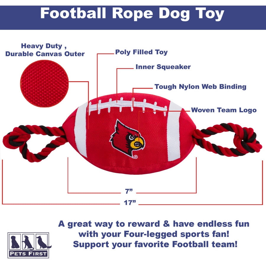 Pets First NCAA Louisville Cardinals Strong, Durable, Chewable Football Dog Toy with Inner Squeaker and Side Ropes, Officialy Licensed
