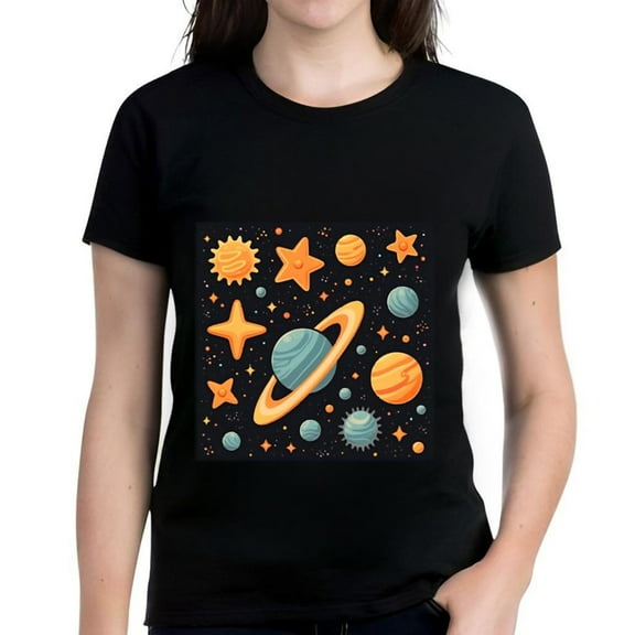 Women's Cotton Short Sleeve T-Shirt - Colorful Space-Themed Design with Planets Stars & Sun - Graphic Tee