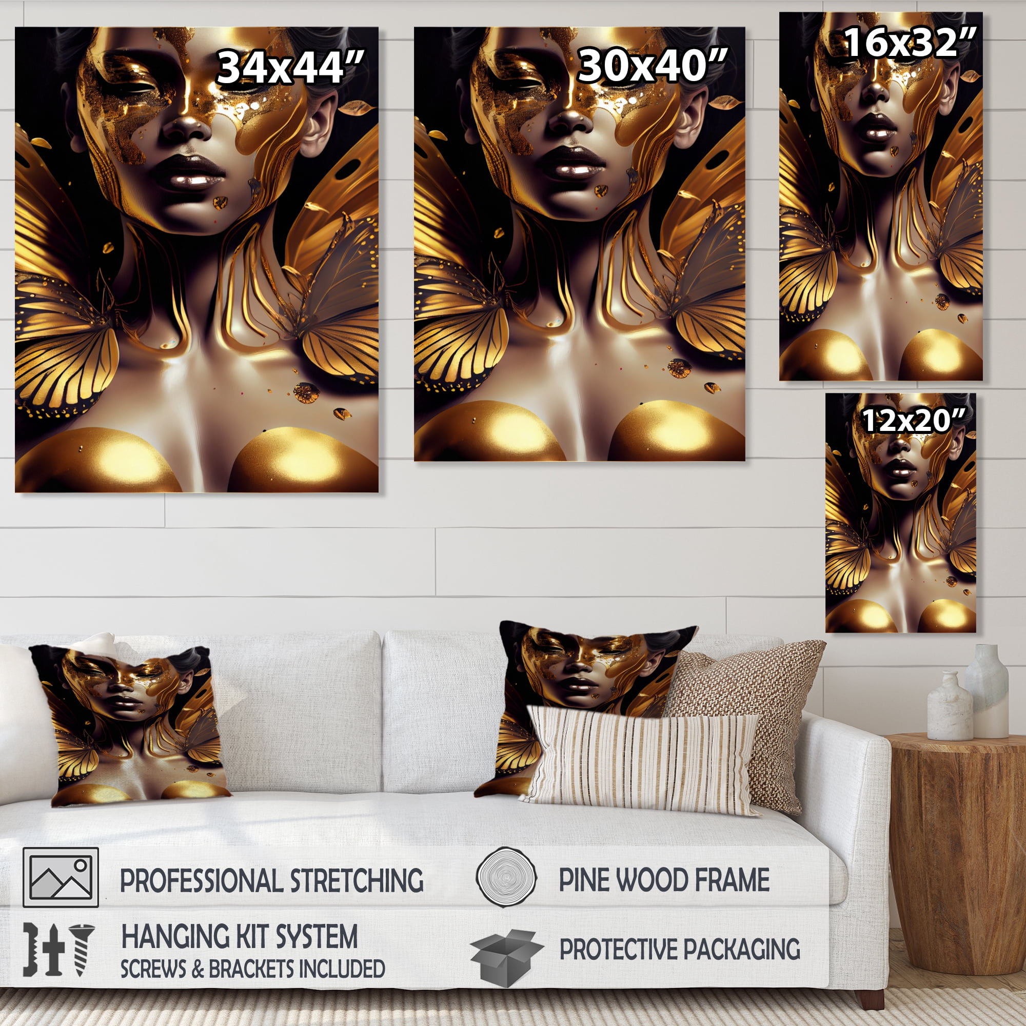 Designart Woman With Black And Gold Butterflies III Canvas Wall Art