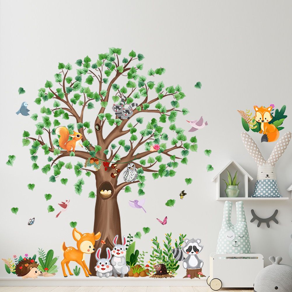 Woodland Animals Wall Decals Large Tree Wall Stickers Bear Fox Deer Wall Decals Rabbit Wall Stickers DIY Peel and Stick Art Decals Baby Nursery Kids Bedroom Toddler Room Wall Decor